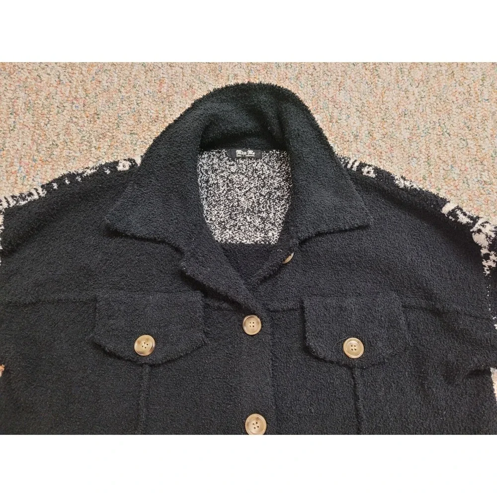 Miss Me Jacket Womens Small Black White Wubby Print Button‎ Down Soft Fuzzy